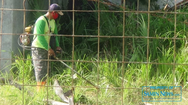 Personel yang bertugas menangani kebersihan Stadion Joyokusumo melakukan pembersihan semak-semak di luar lapangan dalam lingkungan stadion tersebut.