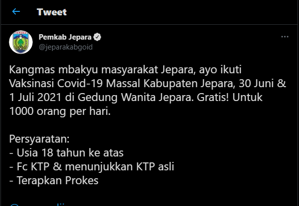 Gelar Vaksinasi Covid-19 Massal, Pemkab Jepara Siapkan 2000 Dosis