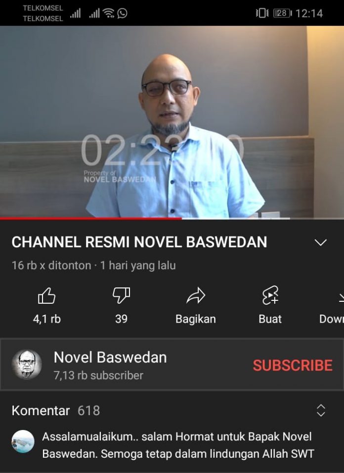 Potongan gambar video YouTube Novel Baswedan pada unggahan pertamanya.