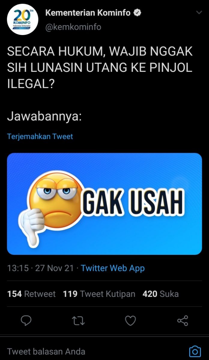 Tangkapan layar Twitter milik Kementerian Kominfo soal hutang Pinjol ilegal tidak perlu dilunasi