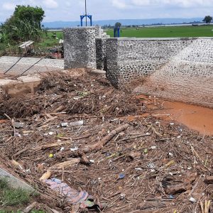 Tumpukan sampah yang terus terjadi di Bendung Blado, Desa Jimbaran, Kecamatan Margorejo yang sampai saat ini belum bisa teratasi.(Foto:SN/dok-nn)