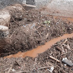 Bendung Blado, di Desa Jimbaran, Kecamatan Margorejo yang penuh dengan tumpukan sangkrah, baik di hulu maupun di hilir bendung.(Foto:SN/dok-nn) 