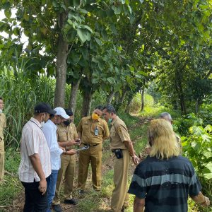 Salah seorang personel tim fasilitasi dari Bagian Tata Pemerintahan saat menunjuk lokasi lahan pengganti tukar guling bengkok Sekdes dan Kasi Pemerintahan Desa Ngarus, Kecamatan Pati saat bersama tim meninjau ke lokasi di Desa Badegan, Kecamatan Margorejo (Foto:SN/dok-nn)