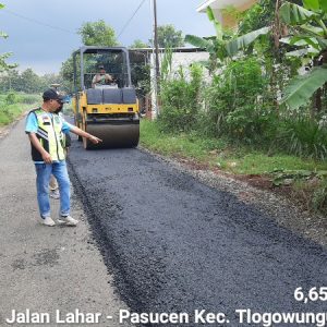 Pelaksanaan pengaspalan paket pekerjaan rehabilitasi ruas jalan Pasucen, Kecamatan Trangkil -Lahar, Kecamatan Tlogowungu, dalam waktu sehari ini bisa tuntas.(Foto:SN/dok-min)