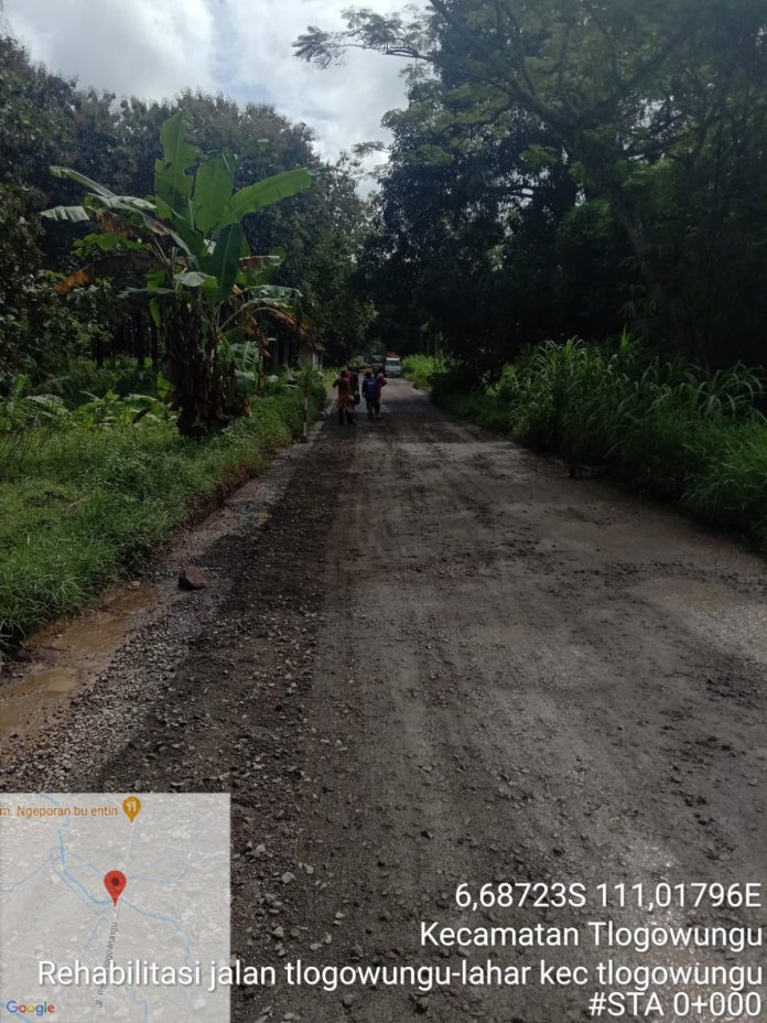 Pelaksanaan pekerjaan rehabilitasi ruas jalan Tlogowungu-Lahar, Kecamatan Tlogowungu dengan konstruksi dasar borda.(Foto:SN/dok-min)