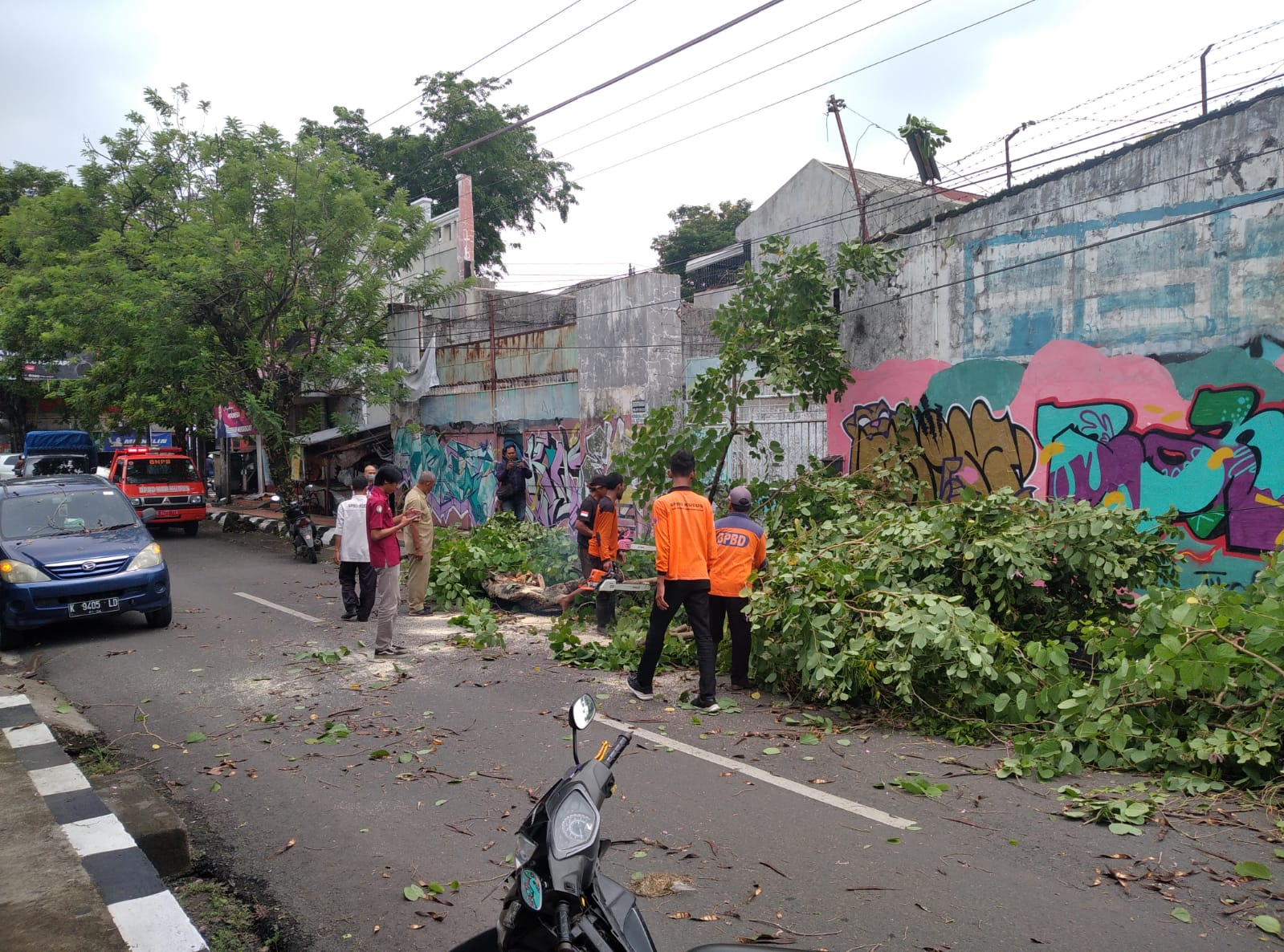 Pohon tumbang di Jalan Menur yang menimpa mobil dibahu jalan