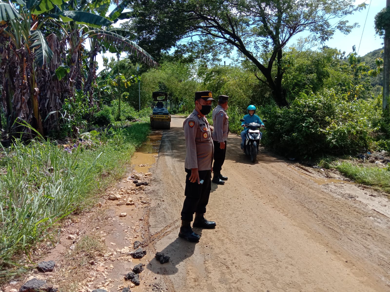 Jajaran Polsek Sukolilo saat di lokasi penanaman pohon pisang di Jalan Sukolilo-Prawoto. Aksi itu sudah direspon dilakukan penambalan