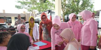 Foto: Ketua Bhayangkari Polda Jateng Titi Abioso saat berinteraksi dengan ibu-ibu yang membawa bayi (Istimewa)
