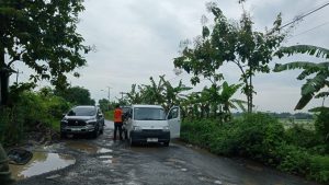 Gula merah yang diangkut sebuah mobil pikap tumpah lantaran jalan tersebut rusak banyak lubang disertai genangan air