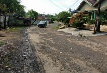 Tampak mobil melintas di salah satu ruas jalan rusak di Kabupaten Pati