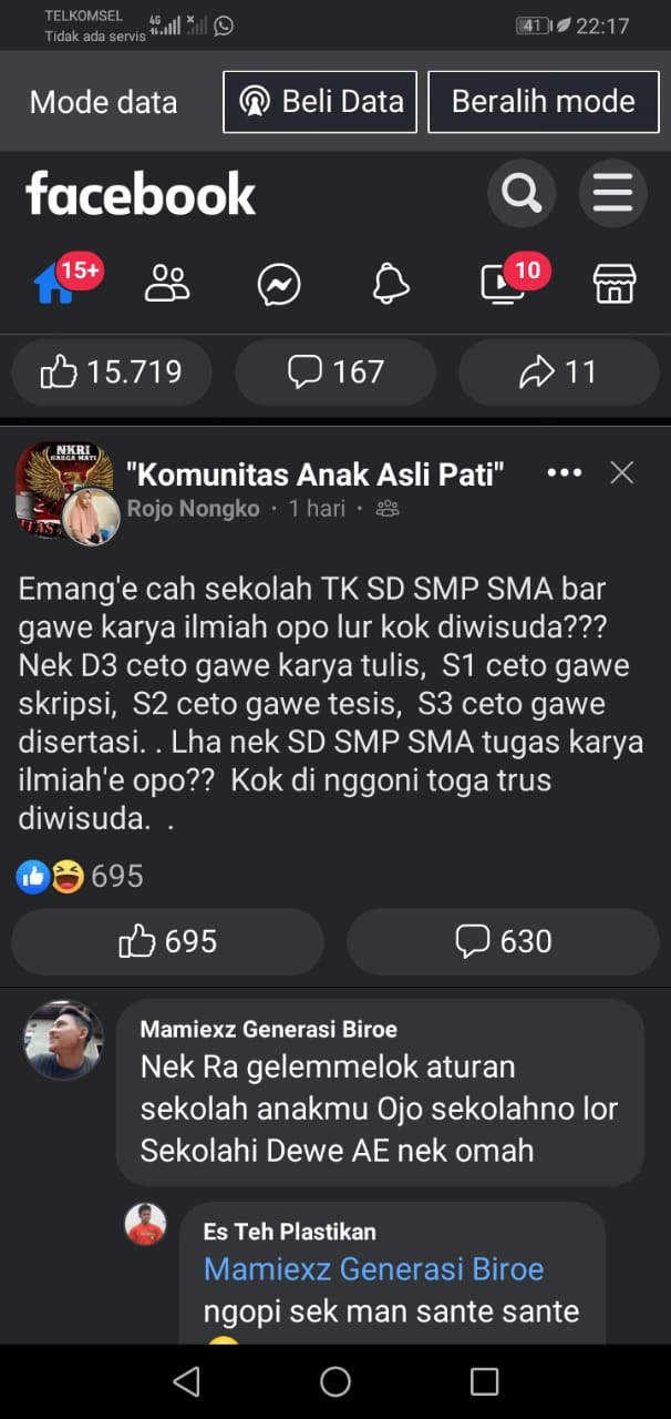 Tangkapan layar postingan Rojo Nongko di grup facebook Komunitas Anak Asli Pati