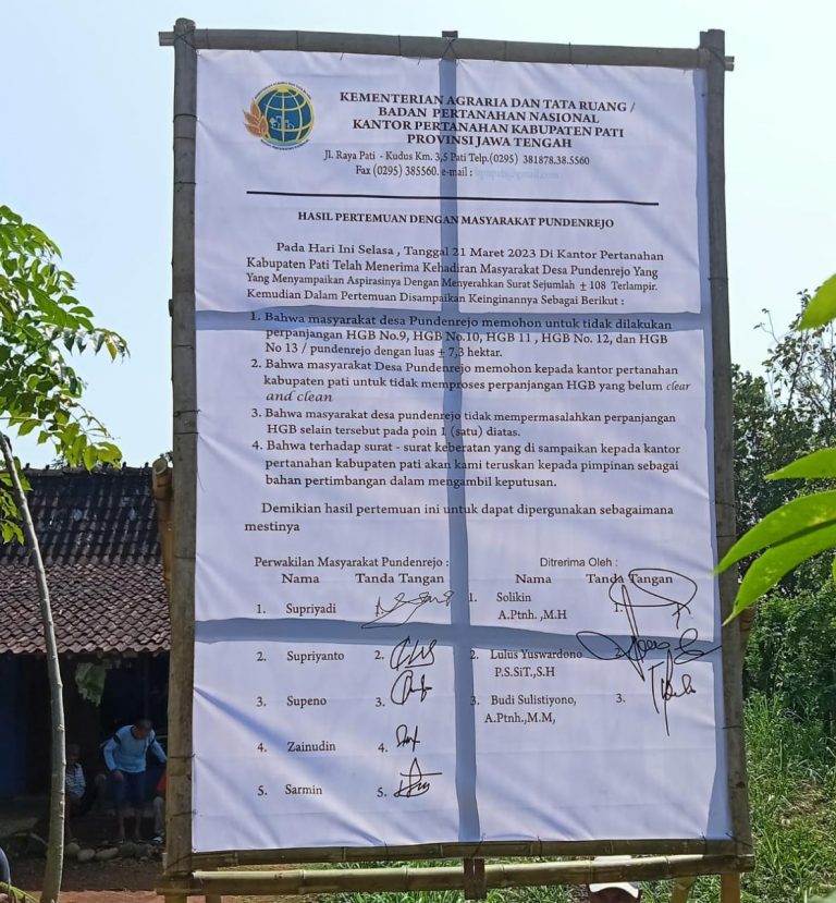 Geram, Banner Kesepakatan Warga Pundenrejo-BPN Pati Dirusak PT LPI