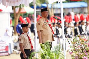 Penjabat Bupati Pati Henggar Budi Anggoro saat menyampaikan sambutan di upacara peringatan hari pramuka, Senin (14/8/2023) (Istimewa/Samin News)