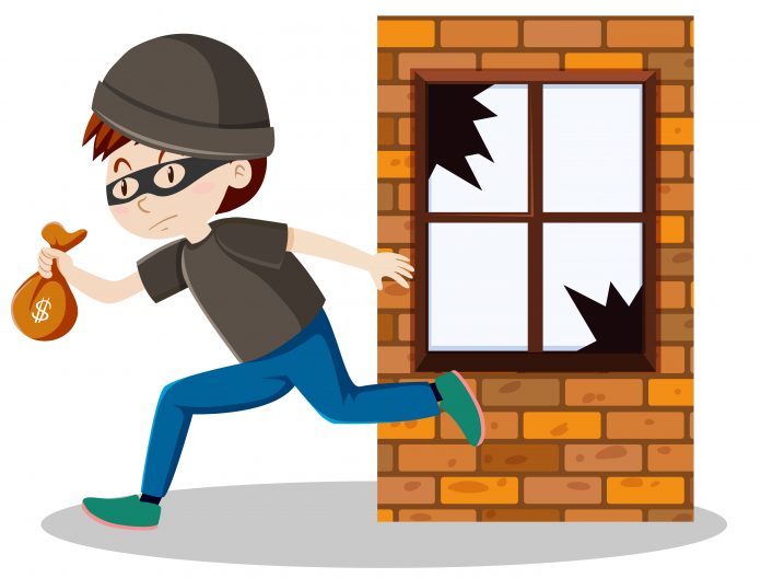 Robber or thief broke the window glass and holding small money b